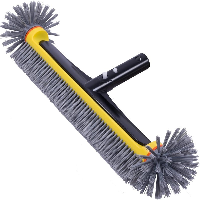 POOLAZA Pool Brush Head with Round Ends, Heavy Duty Pool Brushes for Cleaning Pool Walls, Floors Steps & Corners, 17.5" Pool Brush with Sturdy Aluminum Handle & Durable Nylon Bristles (Yellow) - Image 1